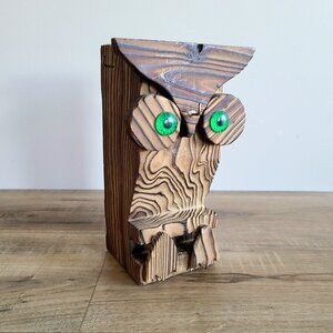 Vintage mid century 1960s Western Red Cedar Owl shaped bar tools holder.